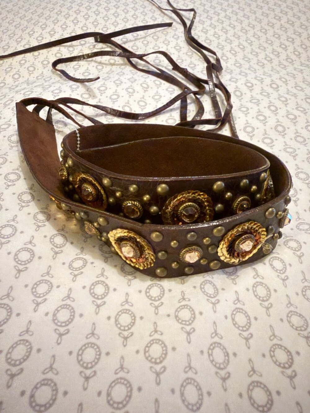 NEW Brown Leather belt with brass studs, rhinestones and beads tie up streamer